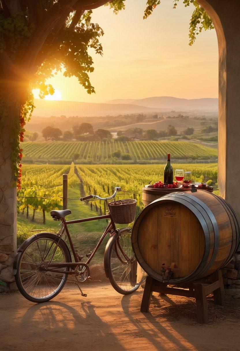 A scenic vineyard landscape at sunset, with lush grapevines stretching into the horizon, a rustic wooden wine barrel prominently in the foreground, and a sparkling glass of red wine reflecting the warm colors of the sunset. In the distance, a vintage bicycle leans against a tree, symbolizing a journey through wine country. Captivating and inviting atmosphere. super-realistic. vibrant colors. warm tones.