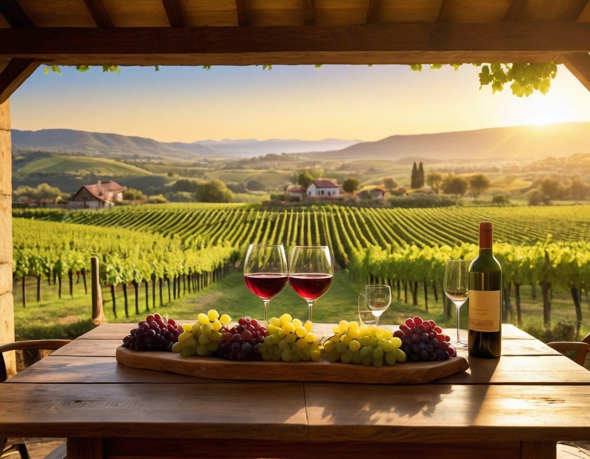 A picturesque vineyard stretching across rolling hills, with grapevines heavy with ripe grapes under a golden sunset. A couple clinks their wine glasses in the foreground, savoring a moment of joy, while a wooden table adorned with various wine bottles and tasting glasses presents a welcoming atmosphere. In the background, a rustic winery stands proudly, hinting at adventure awaits inside. super-realistic. vibrant colors. 3D depth.