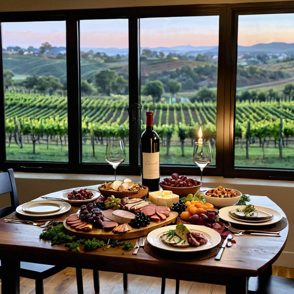 A beautifully arranged dining table featuring an elegant wine bottle and a variety of gourmet dishes that complement it. Showcase a vivid atmosphere with soft candlelight casting gentle shadows, and a scenic view of a vineyard through an open window. Include elements like wine glasses, charcuterie boards, and fresh herbs to create a sense of harmony. super-realistic. warm tones. inviting ambiance.